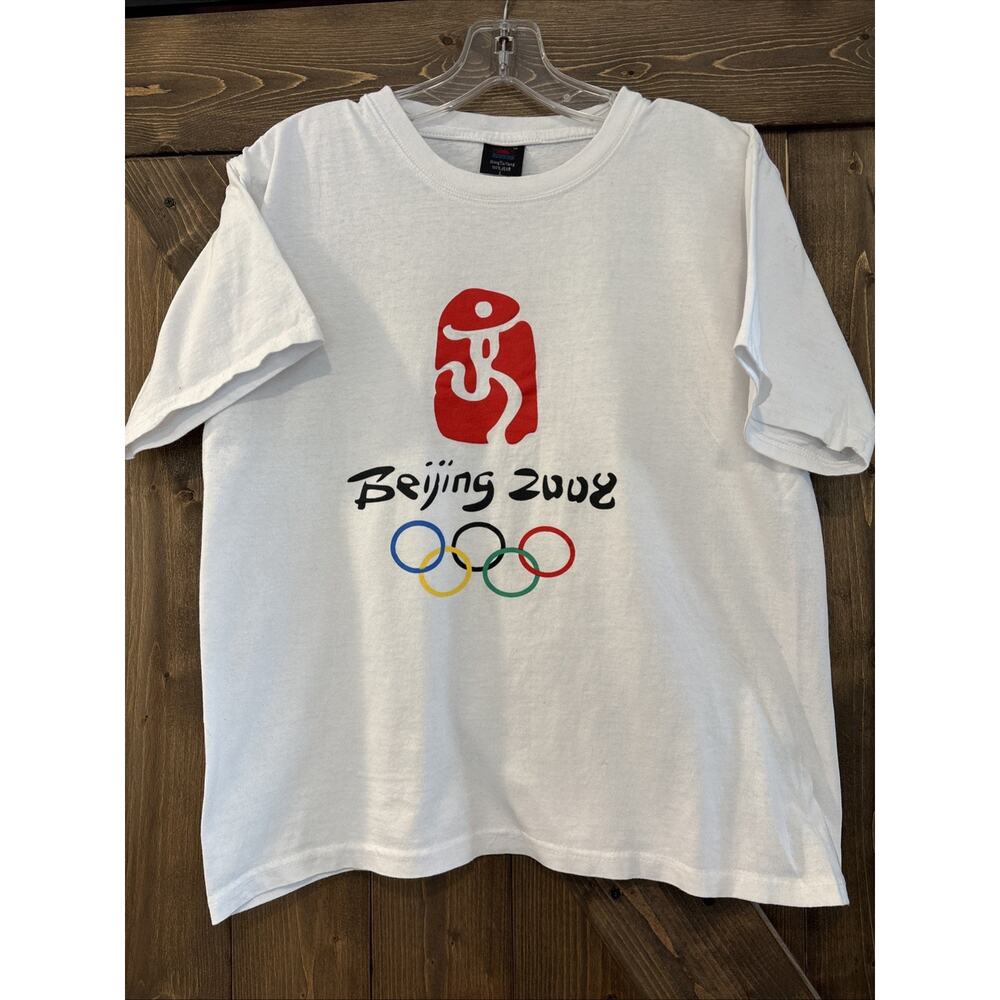 Beijing 2008 Olympics T Shirt Size Large White Graphic Olympic Rings Tee